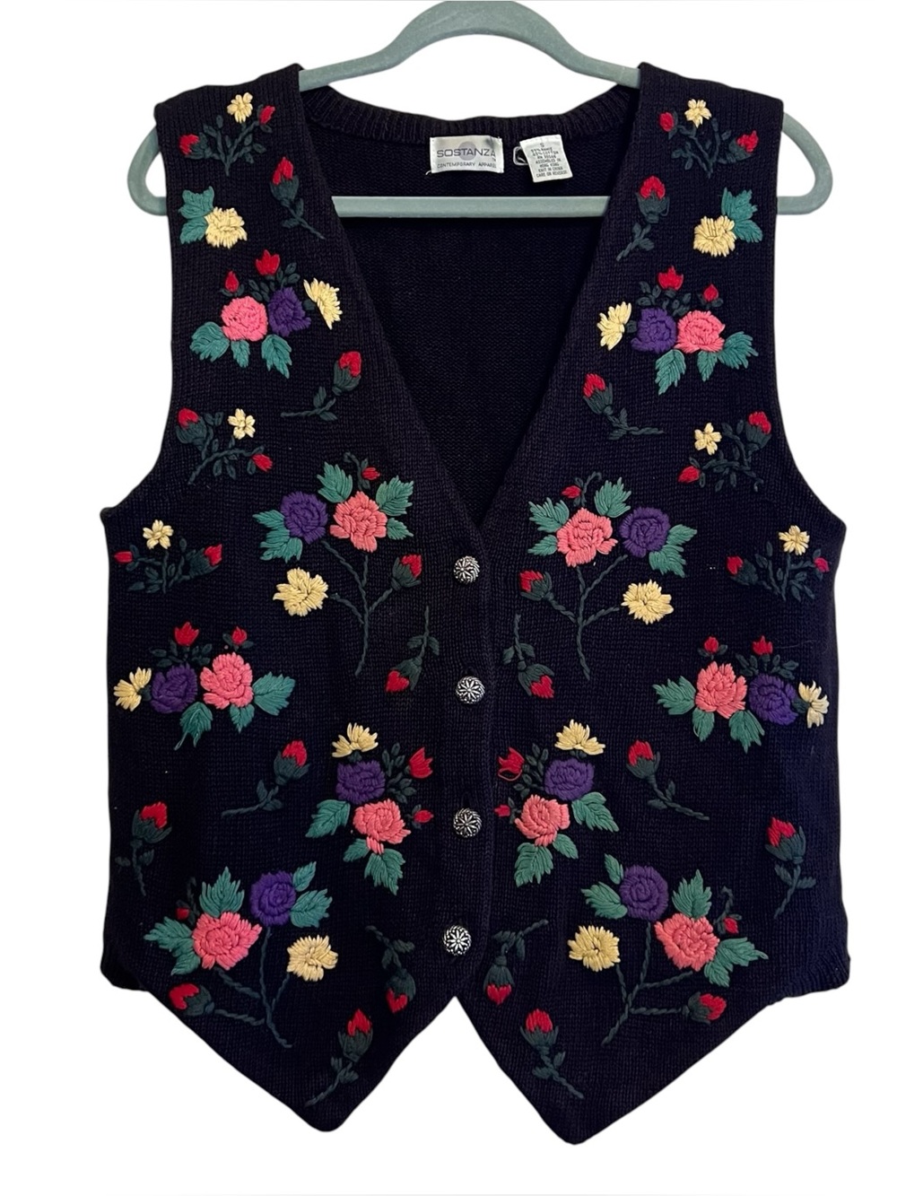 Vintage Sostanza Floral Embroidered Sweater Vest Small Cottagecore